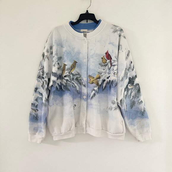 Vintage Artisans All Over Bird Print Cardigan Sweater XL/2XL Nature USA Winter - Picture 1 of 11